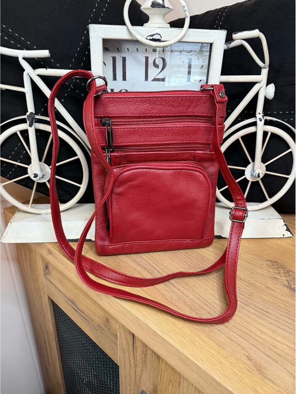 Red Multi Pocket Crossbody Organizer Bag Faux Leather